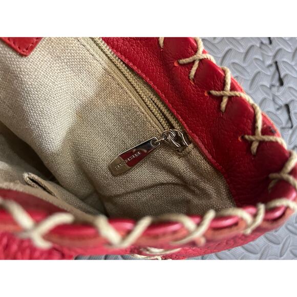 BERGE ITALY GENUINE LEATHER TOTE BAG RED w/ TAUPE STITCHING BOHO WOMENS PURSE - Picture 10 of 11